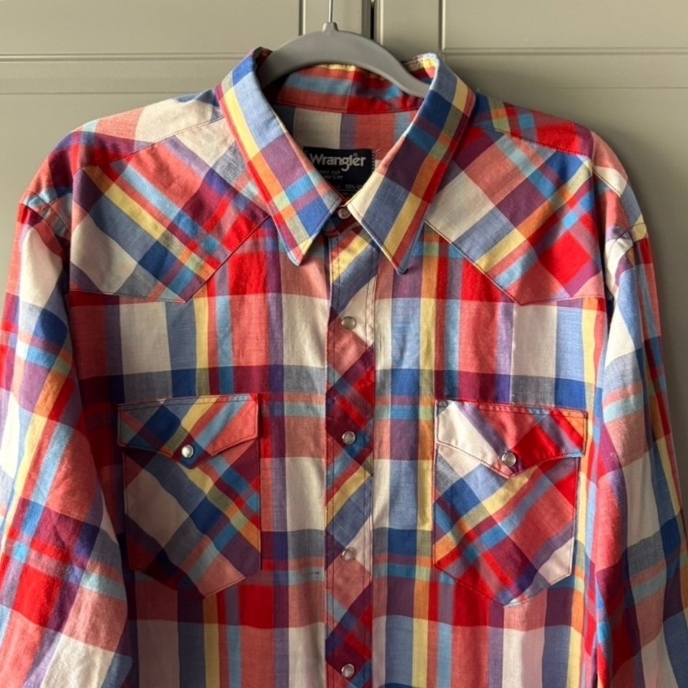 Wrangler Western Plaid X-Long Tails Single Stitch‎ Pearl Snap LS Shirt,Red ,XL